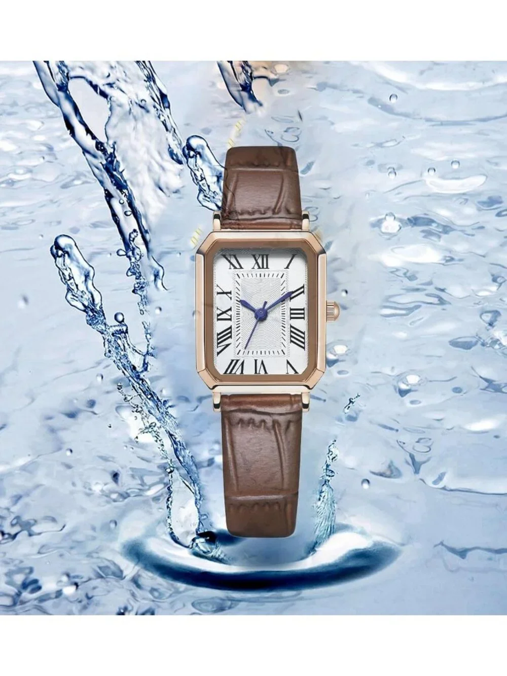 Women's Brown Rose Gold White Leather Strap Vintage Rectangle Elegant Wristwatch
